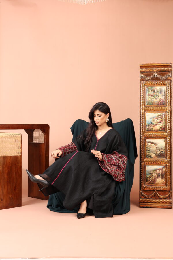 Black Linen Kaftan with Embellished Linen Sleeves