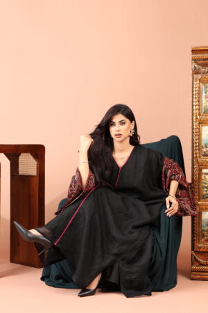 Black Linen Kaftan with Embellished Linen Sleeves - Image 5
