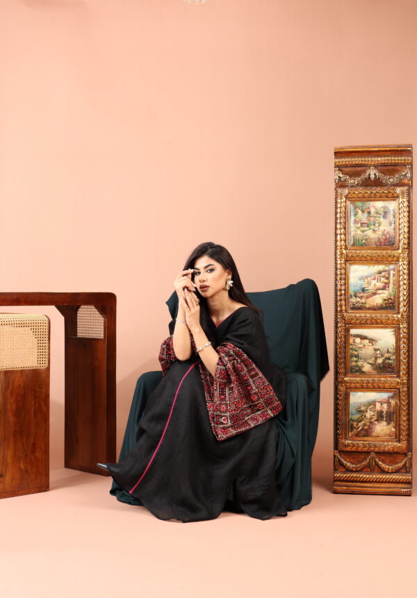 Black Linen Kaftan with Embellished Linen Sleeves