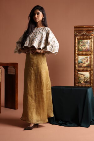 Off White Crop Top with Scalloped Edge and Sleeveless Golden Dress - Image 4