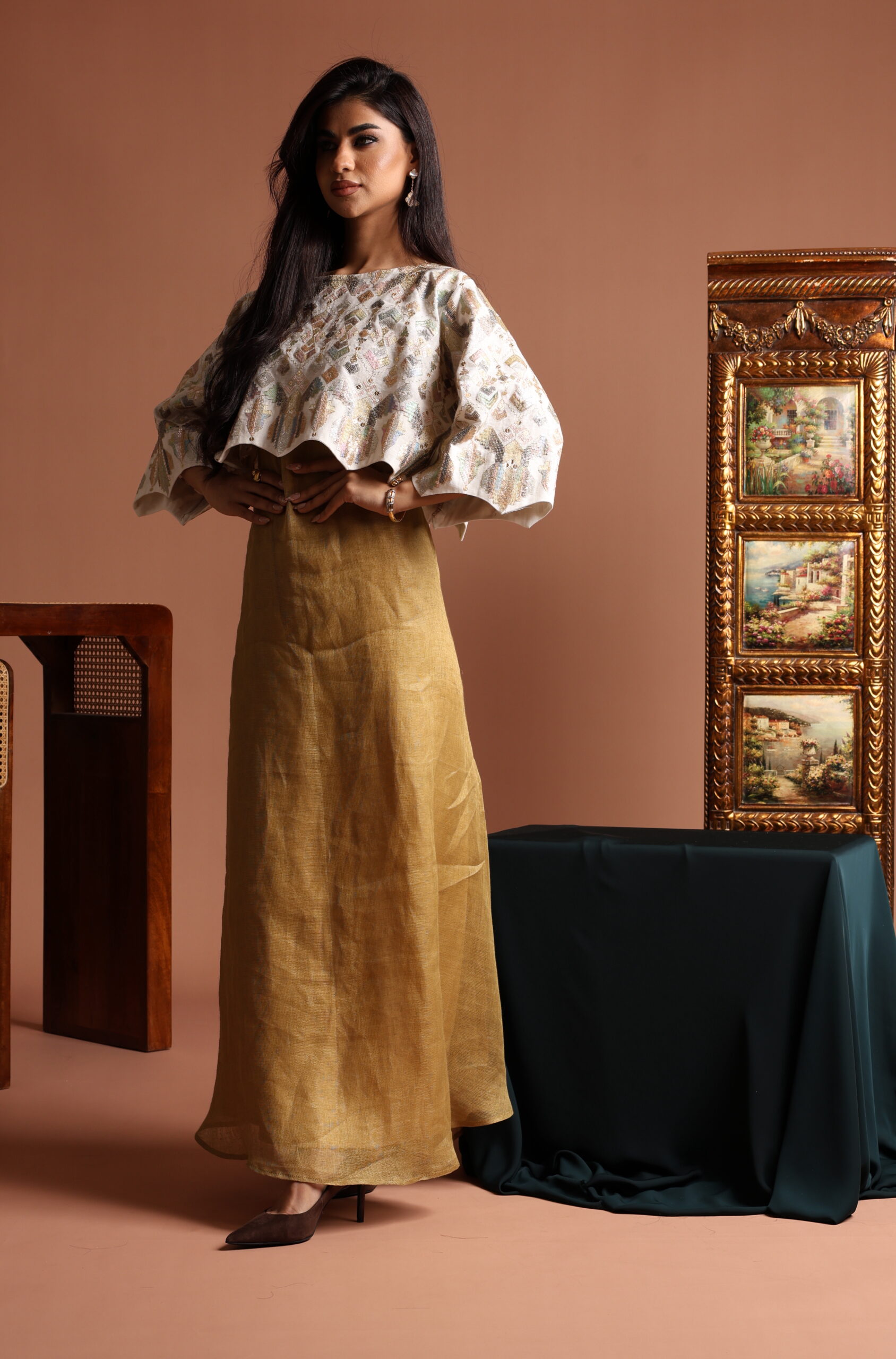 Off White Crop Top with Scalloped Edge and Sleeveless Golden Dress - Image 4