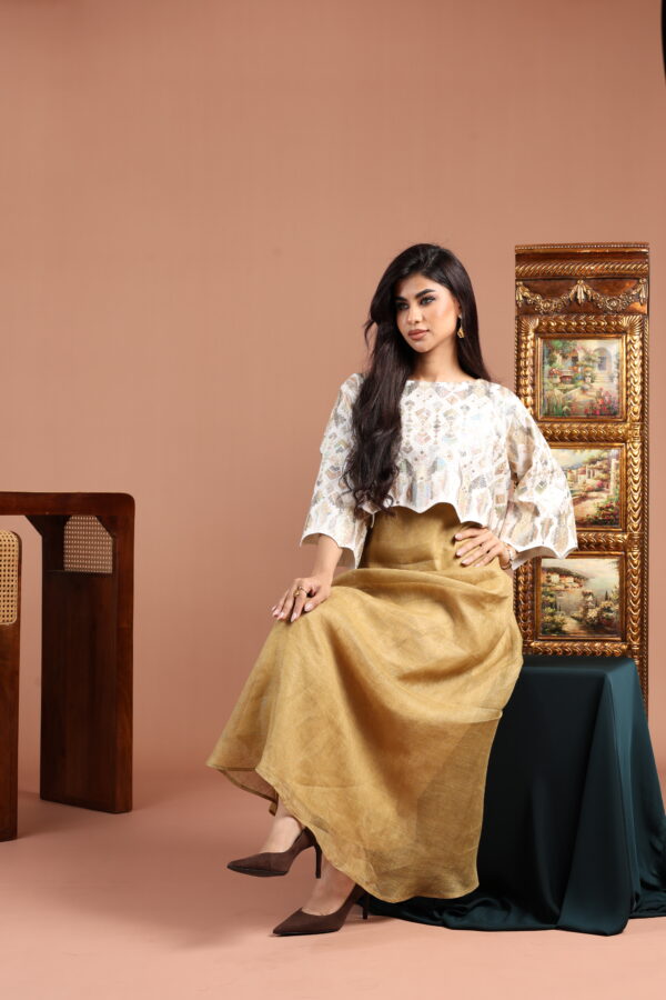 Off White Crop Top with Scalloped Edge and Sleeveless Golden Dress