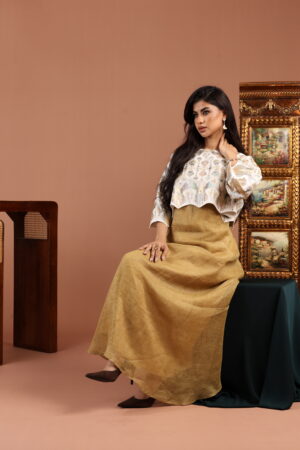 Off White Crop Top with Scalloped Edge and Sleeveless Golden Dress