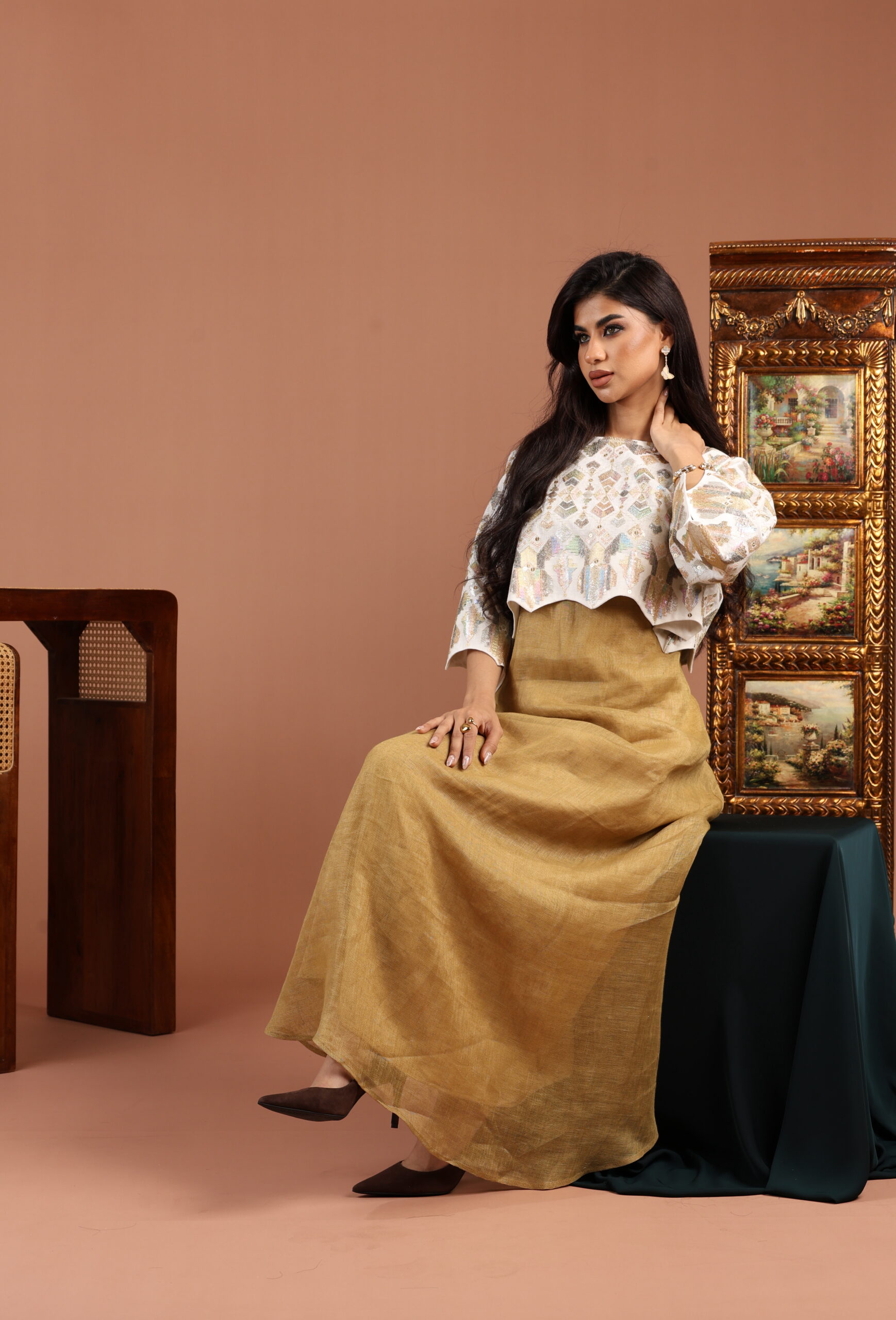 Off White Crop Top with Scalloped Edge and Sleeveless Golden Dress - Image 1