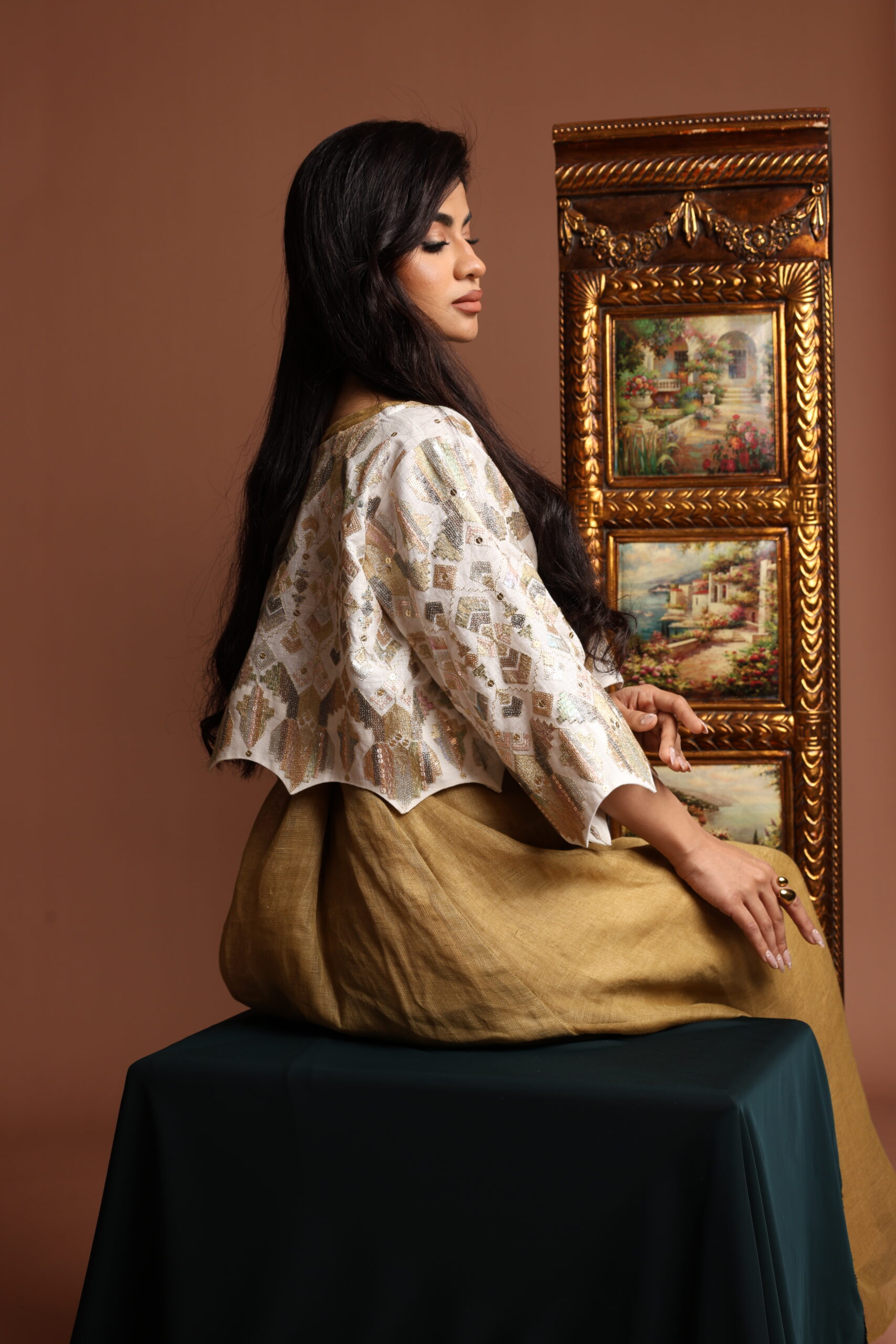 Off White Crop Top with Scalloped Edge and Sleeveless Golden Dress - Image 2