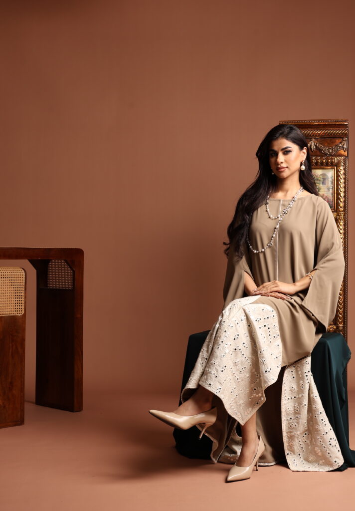 Khaki Crepe Dresswith Embellished Linen