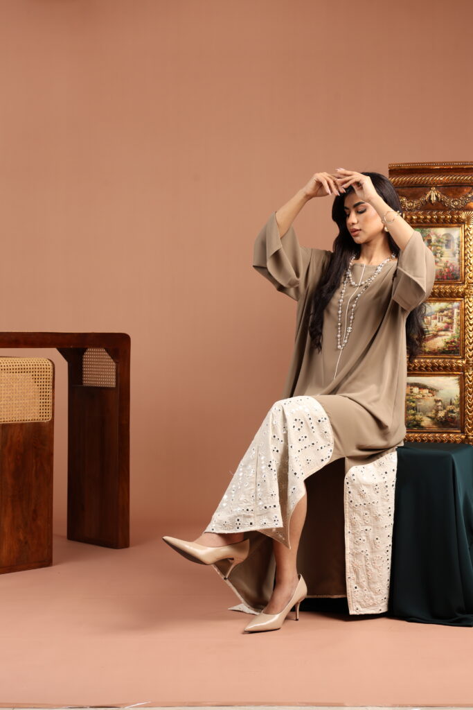 Khaki Crepe Dresswith Embellished Linen