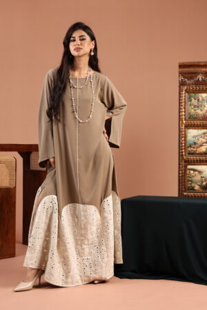 Khaki Crepe Dress with Embellished Linen
