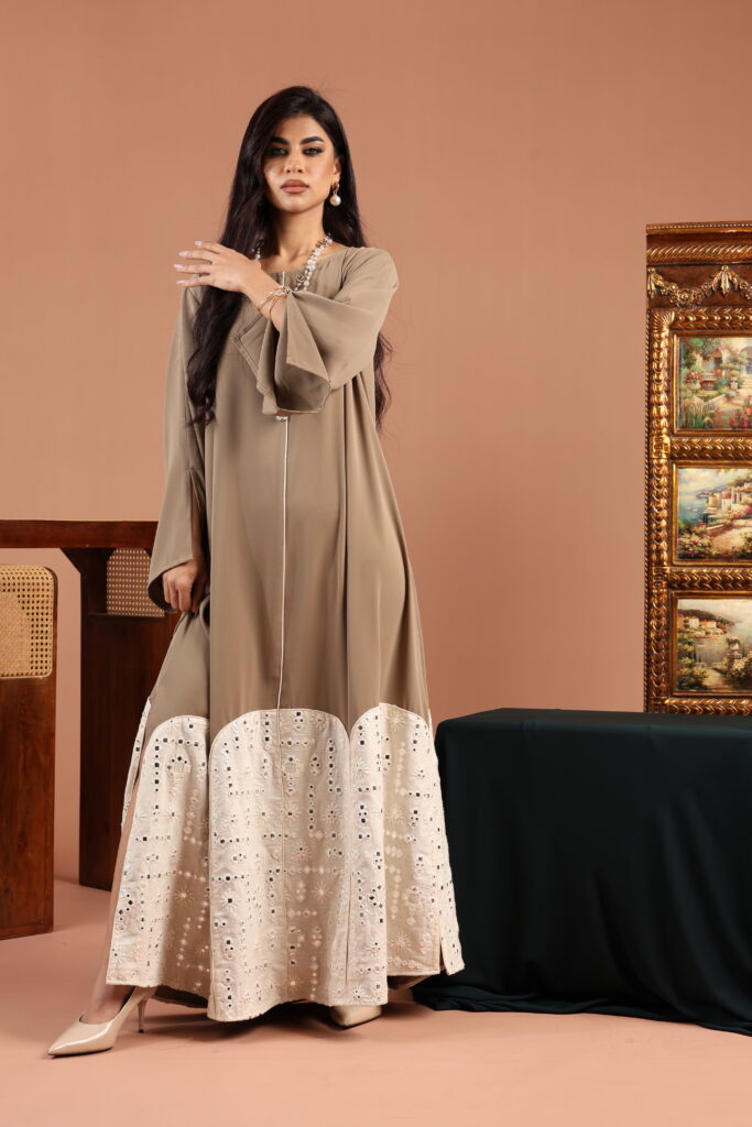 Khaki Crepe Dresswith Embellished Linen