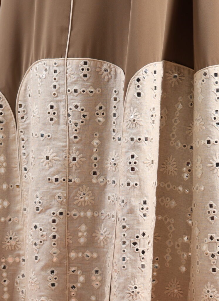 Khaki Crepe Dresswith Embellished Linen