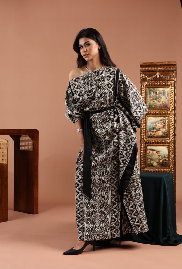 Wide Neck Black Embellished Linen Dress
