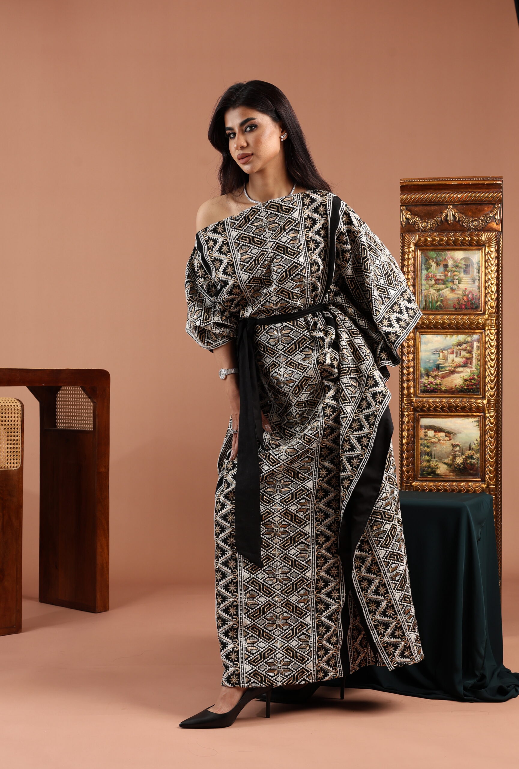 Wide Neck Black Embellished Linen Dress - Image 1