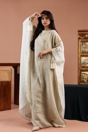 Reversible Gold and Grey Linen Kaftan with Tassels - Image 3