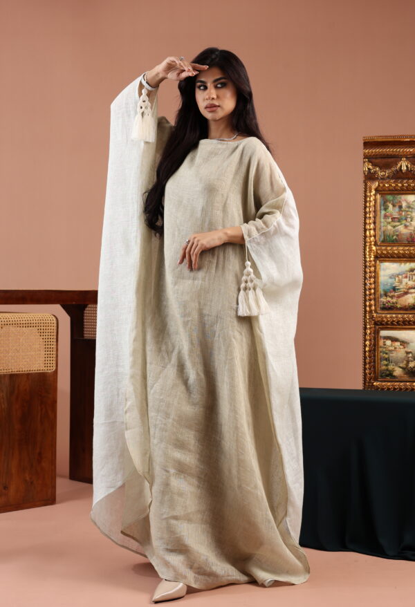 Reversible Gold and Grey Linen Kaftan with Tassels