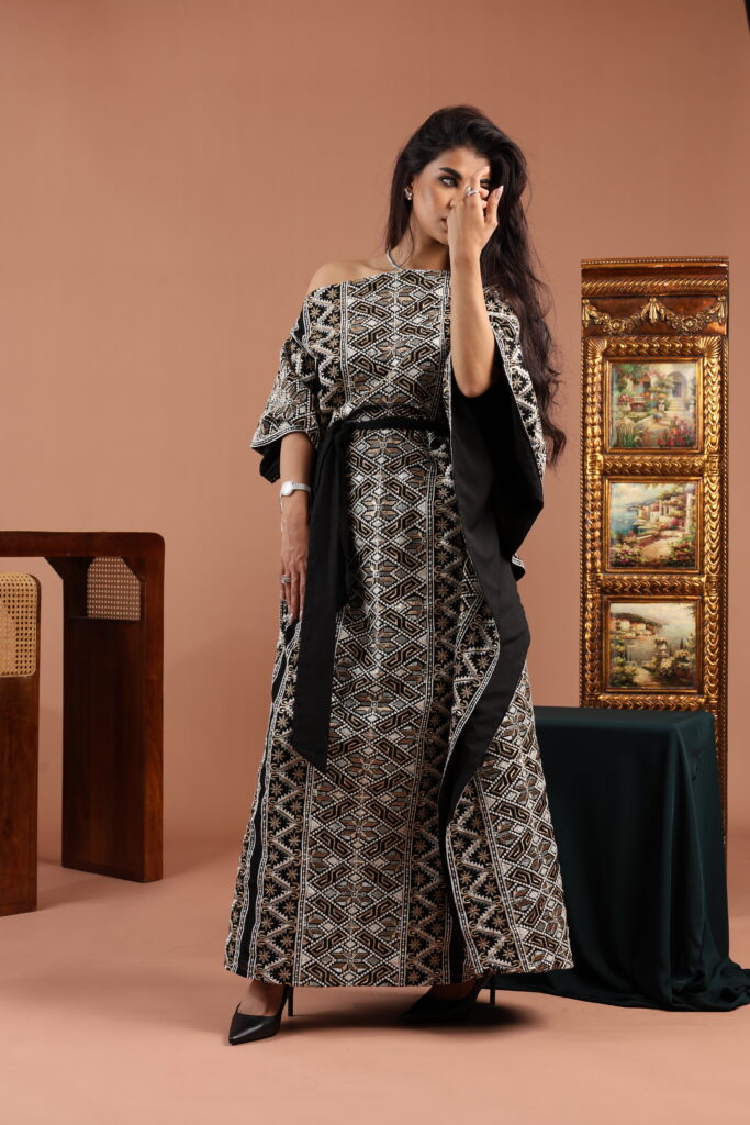 Wide-Neck Embellished Linen Dress