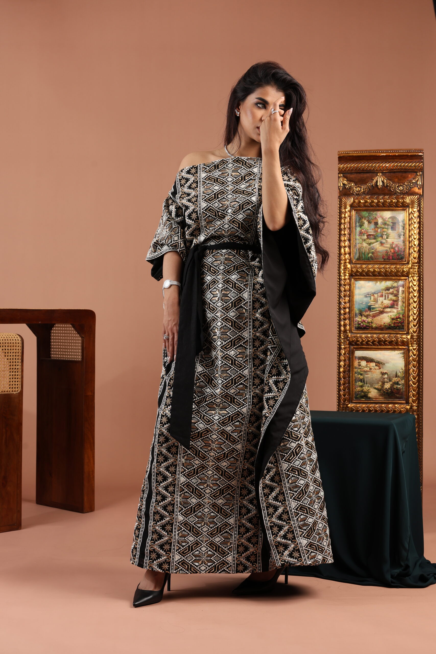 Wide Neck Black Embellished Linen Dress - Image 4