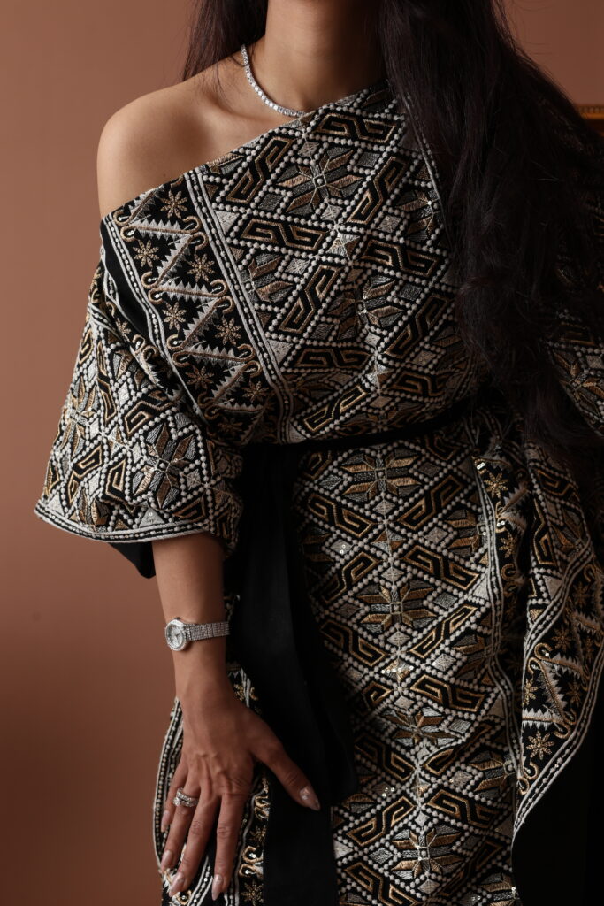 Wide-Neck Embellished Linen Dress