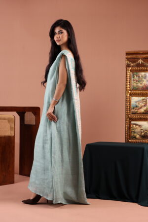 Sleeveless Blue Dress with Embellished Linen Back