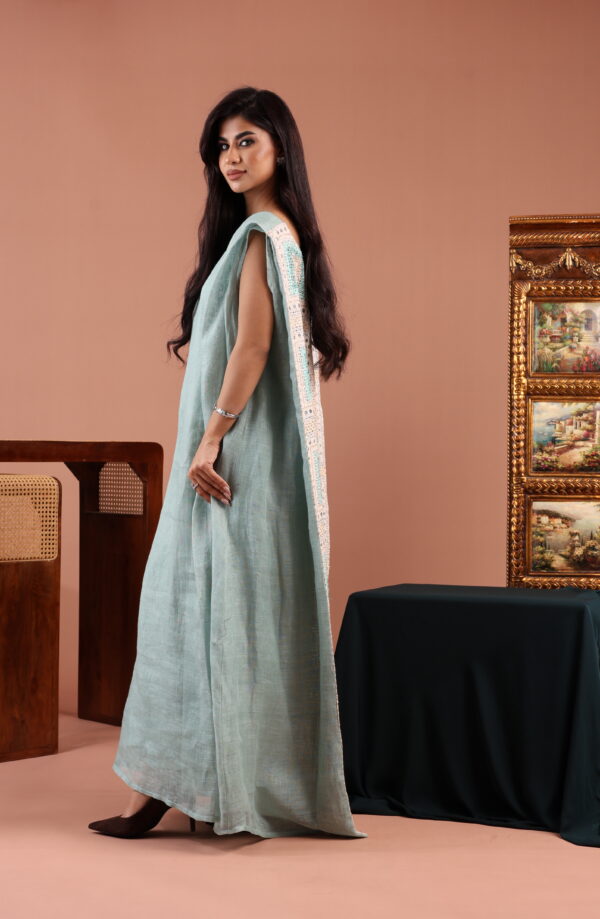 Sleeveless Blue Dress with Embellished Linen Back