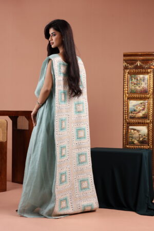 Sleeveless Blue Dress with Embellished Linen Back - Image 3