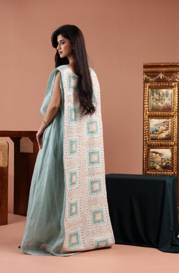 Sleeveless Blue Dress with Embellished Linen Back