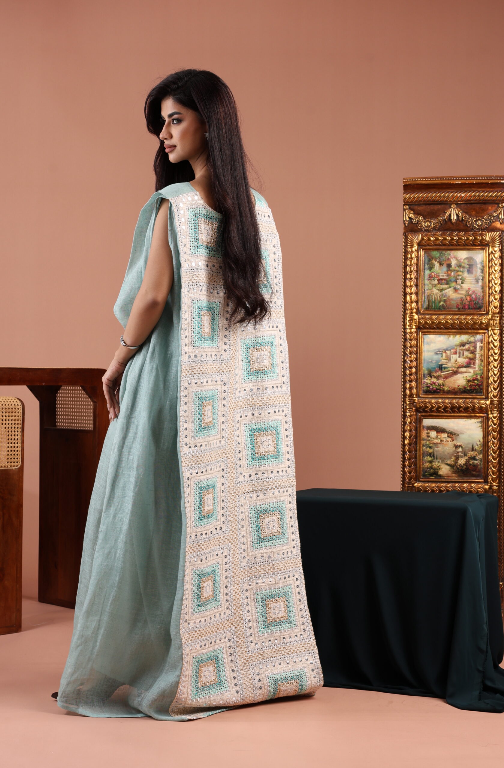 Sleeveless Blue Dress with Embellished Linen Back - Image 3