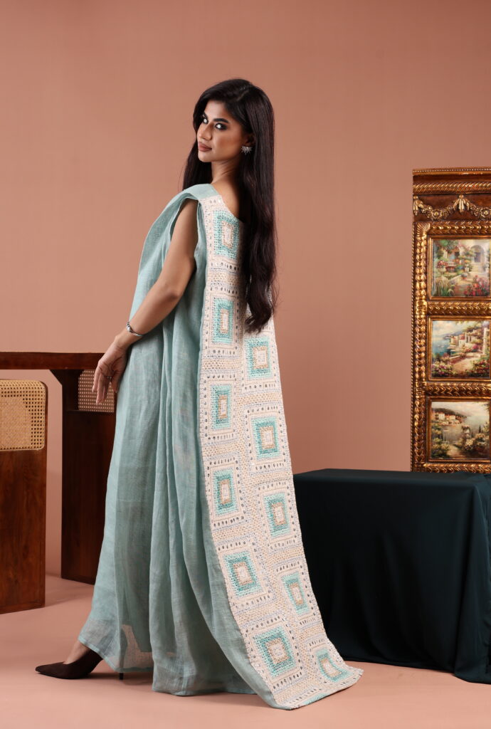 Sleeveless Blue Dress with Embellished Linen Back