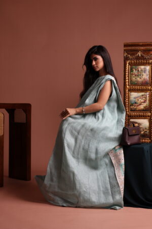 Sleeveless Blue Dress with Embellished Linen Back - Image 2