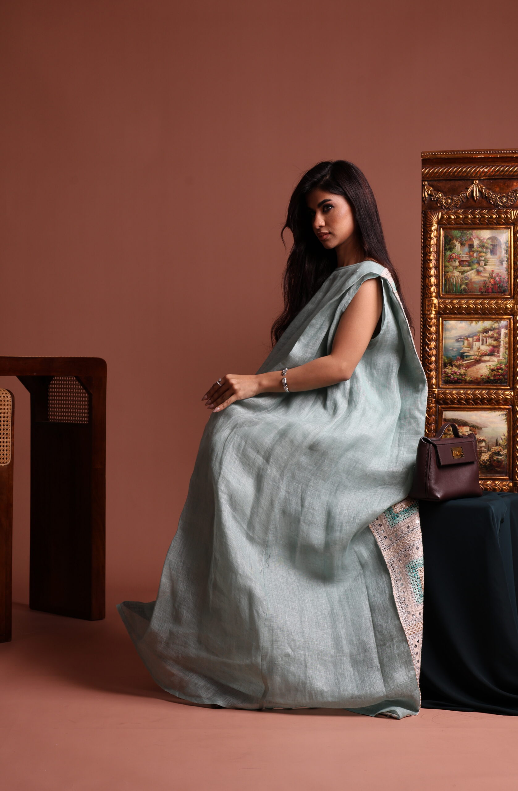 Sleeveless Blue Dress with Embellished Linen Back - Image 2