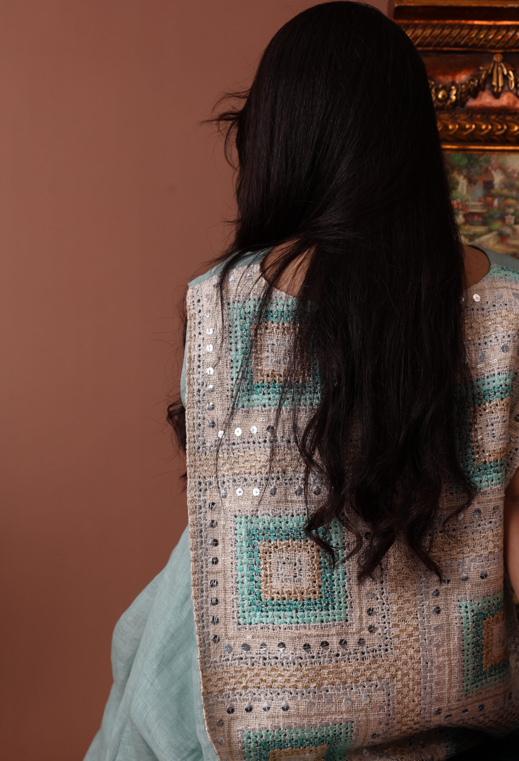 Sleeveless Blue Dress with Embellished Linen Back - Image 4