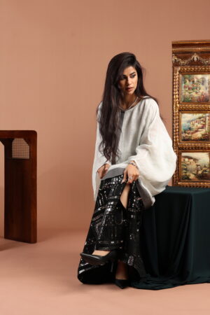 White and Black Embellished Linen Dress with Grey Accent - Image 4