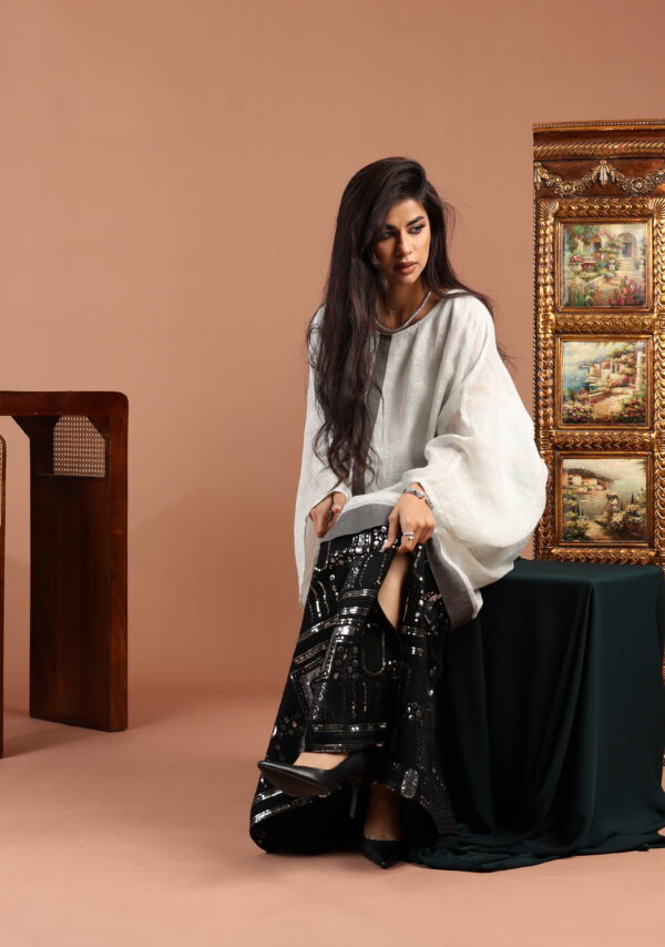 White and Black Embellished Linen Dress with Grey Accent