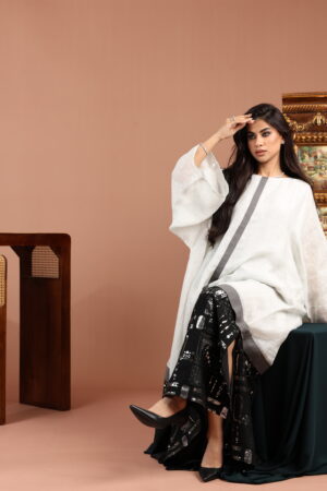 White and Black Embellished Linen Dress with Grey Accent - Image 3