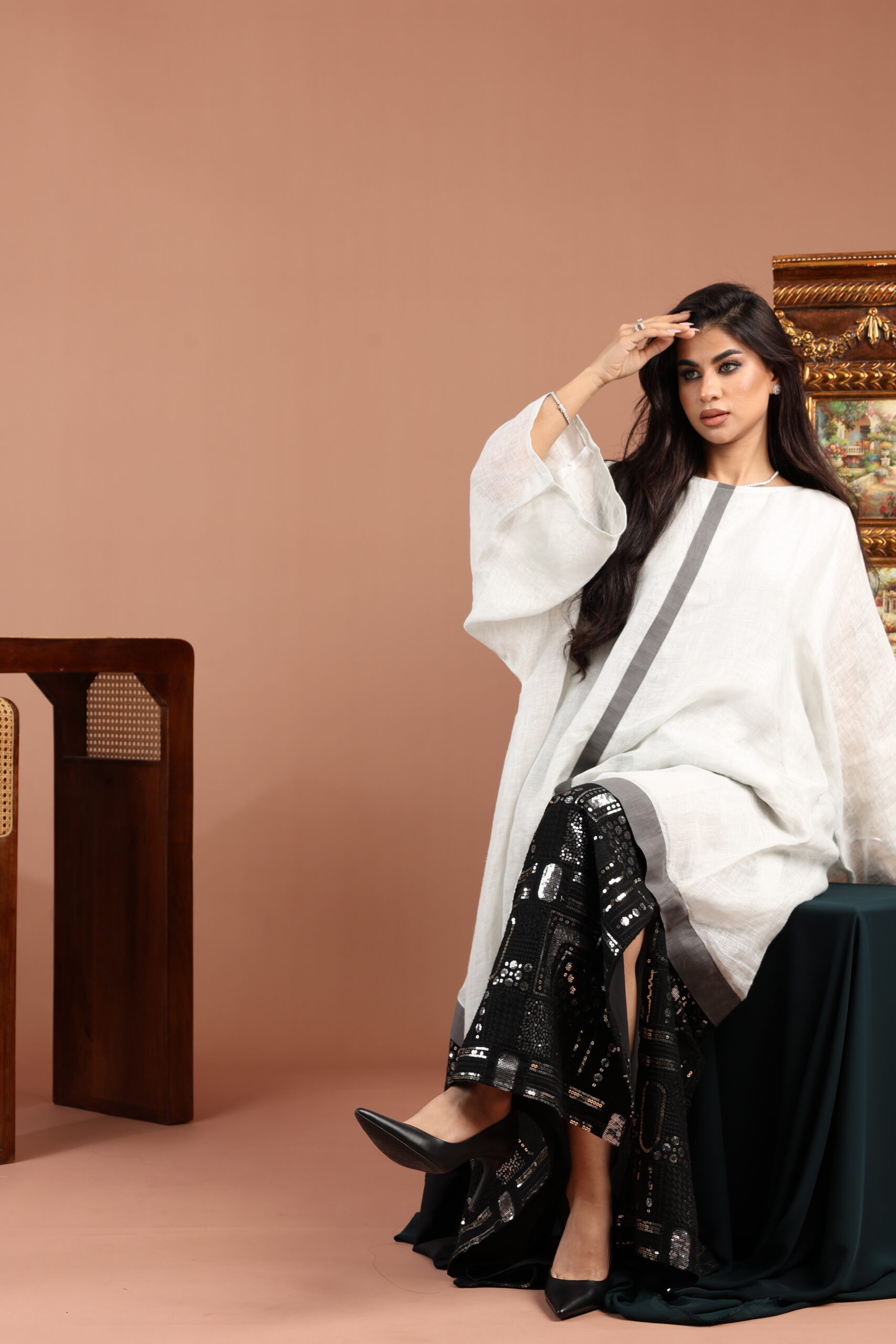 White and Black Embellished Linen Dress with Grey Accent - Image 3