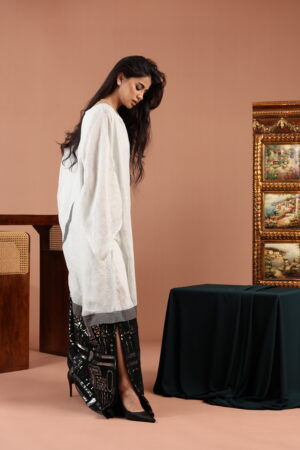 White and Black Embellished Linen Dress with Grey Accent