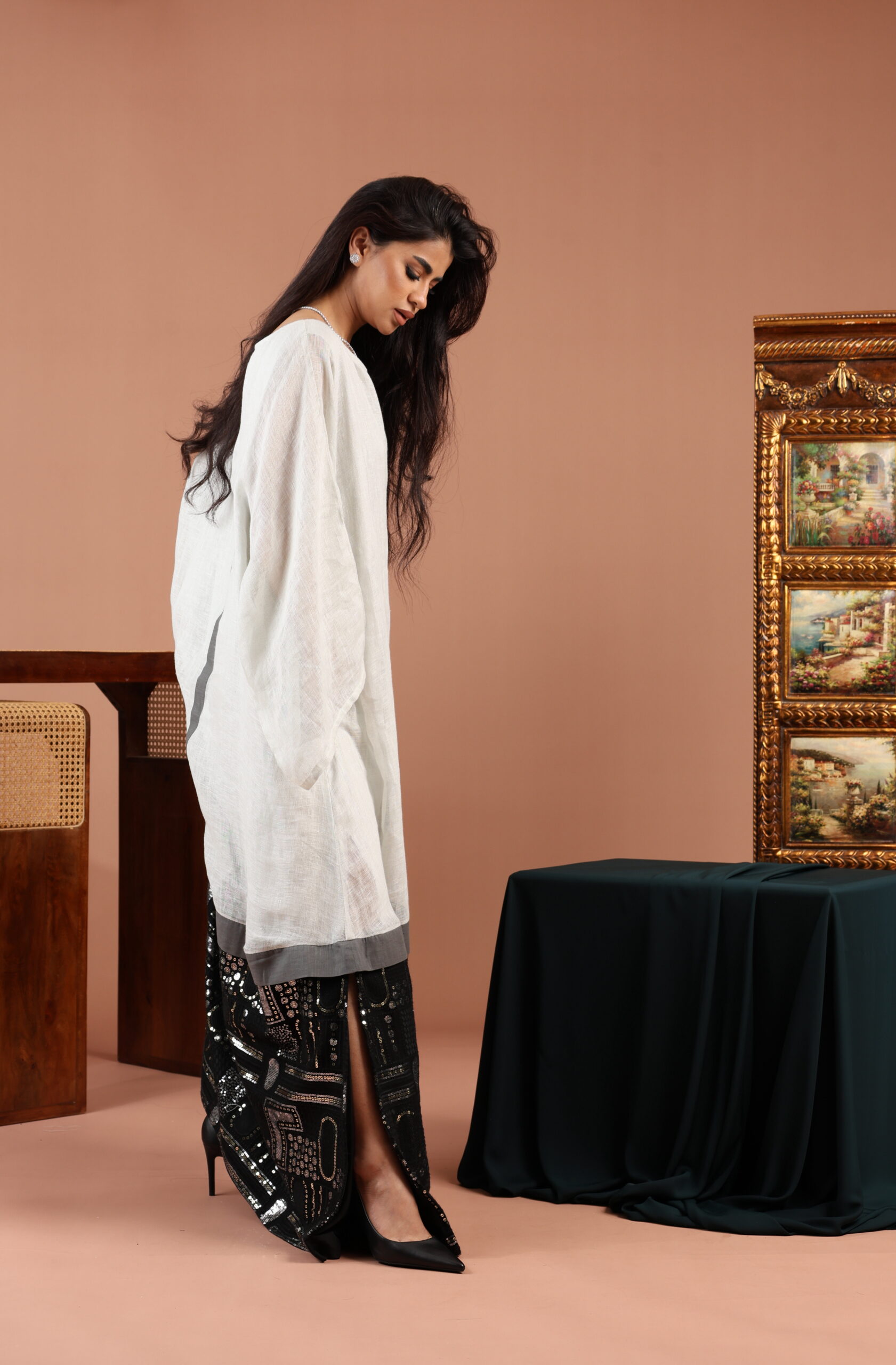 White and Black Embellished Linen Dress with Grey Accent - Image 1