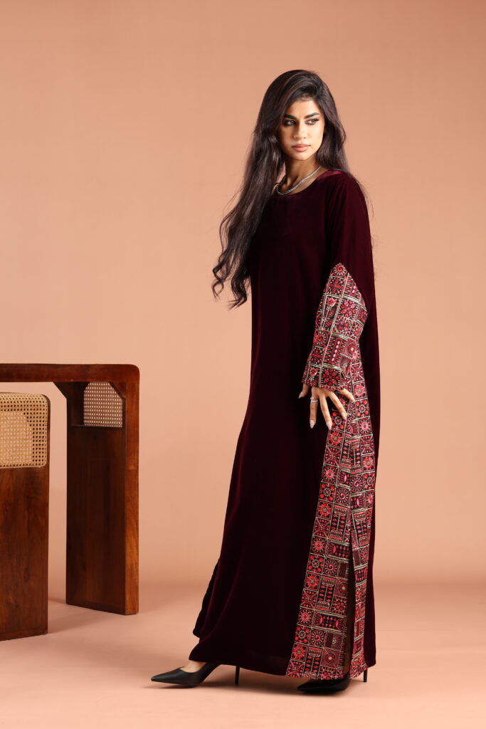 Maroon Velvet Kaftan with Embellished Linen