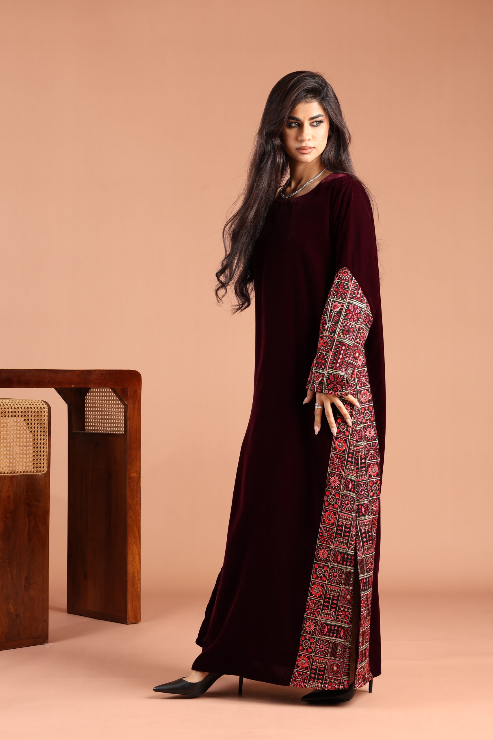 Maroon Velvet Kaftan with Embellished Linen - Image 2