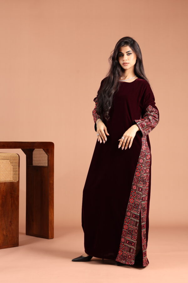 Maroon Velvet Kaftan with Embellished Linen