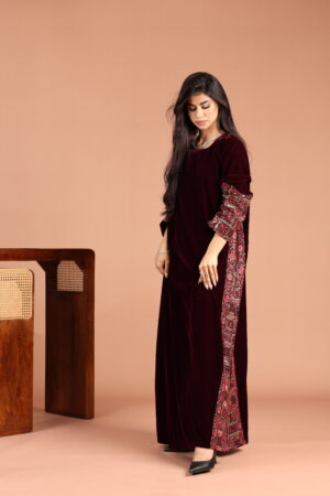 Maroon Velvet Kaftan with Embellished Linen
