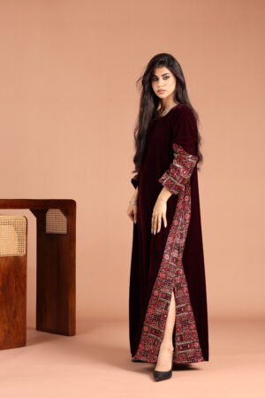 Maroon Velvet Kaftan with Embellished Linen - Image 4