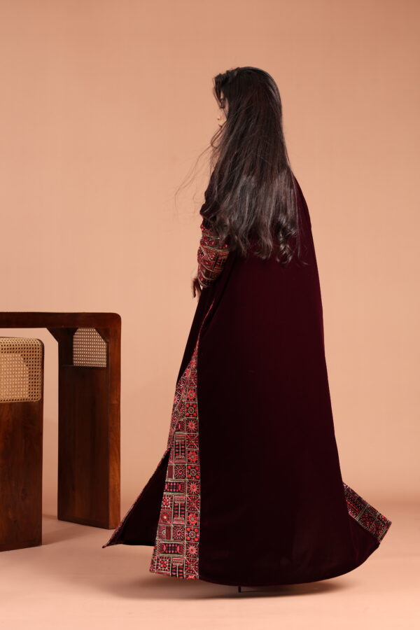 Maroon Velvet Kaftan with Embellished Linen