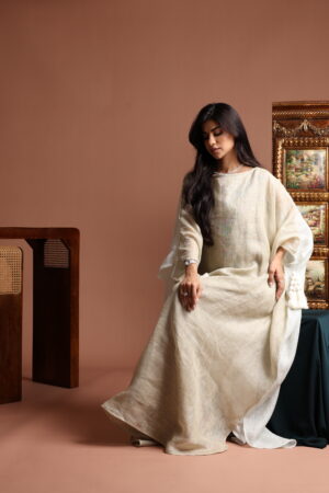 Reversible Gold and Grey Linen Kaftan with Tassels - Image 4