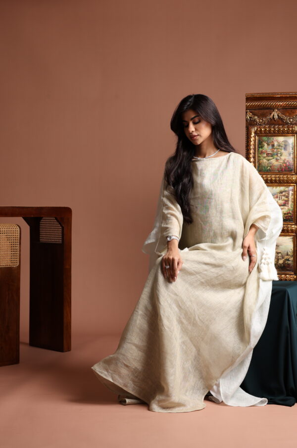 Reversible Gold and Grey Linen Kaftan with Tassels
