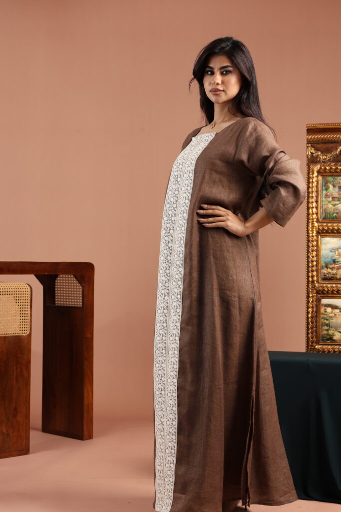 Brown Linen Dresswith Lace