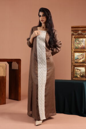 Brown Linen Dress with Lace