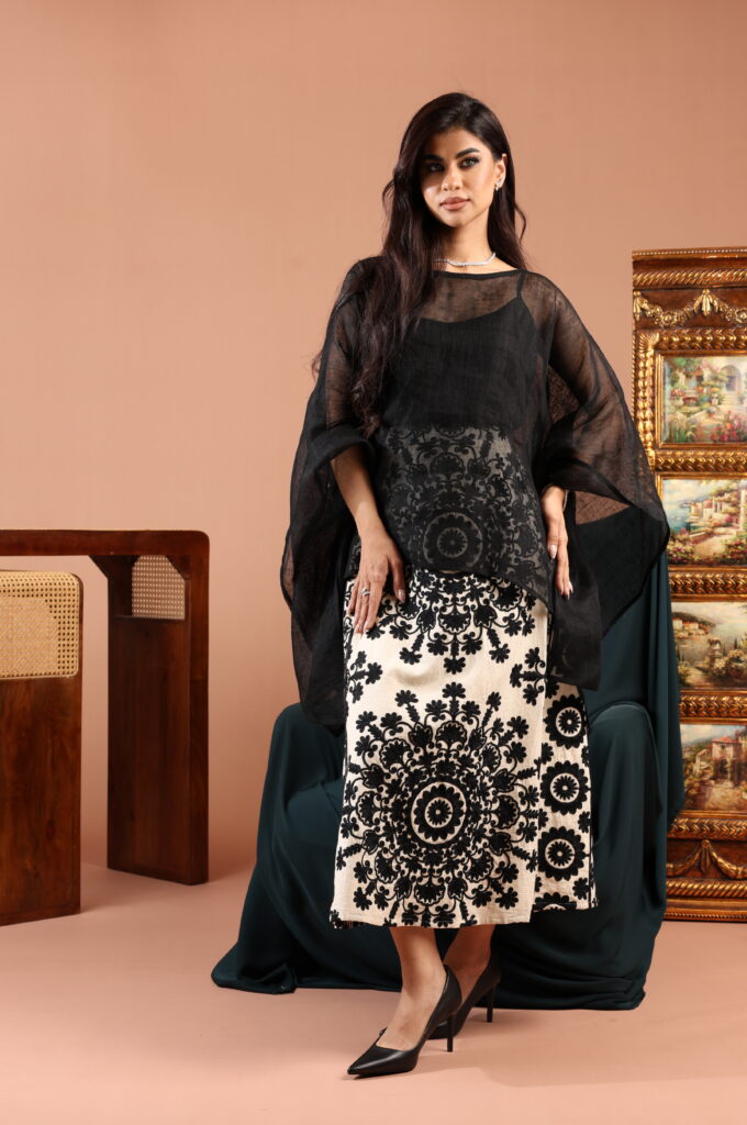 Black And White Linen Skirt Set