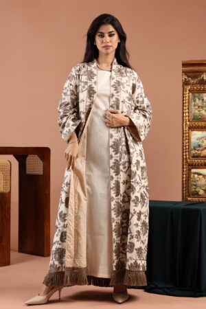 Taupe Embroidered Linen Cardigan Dress