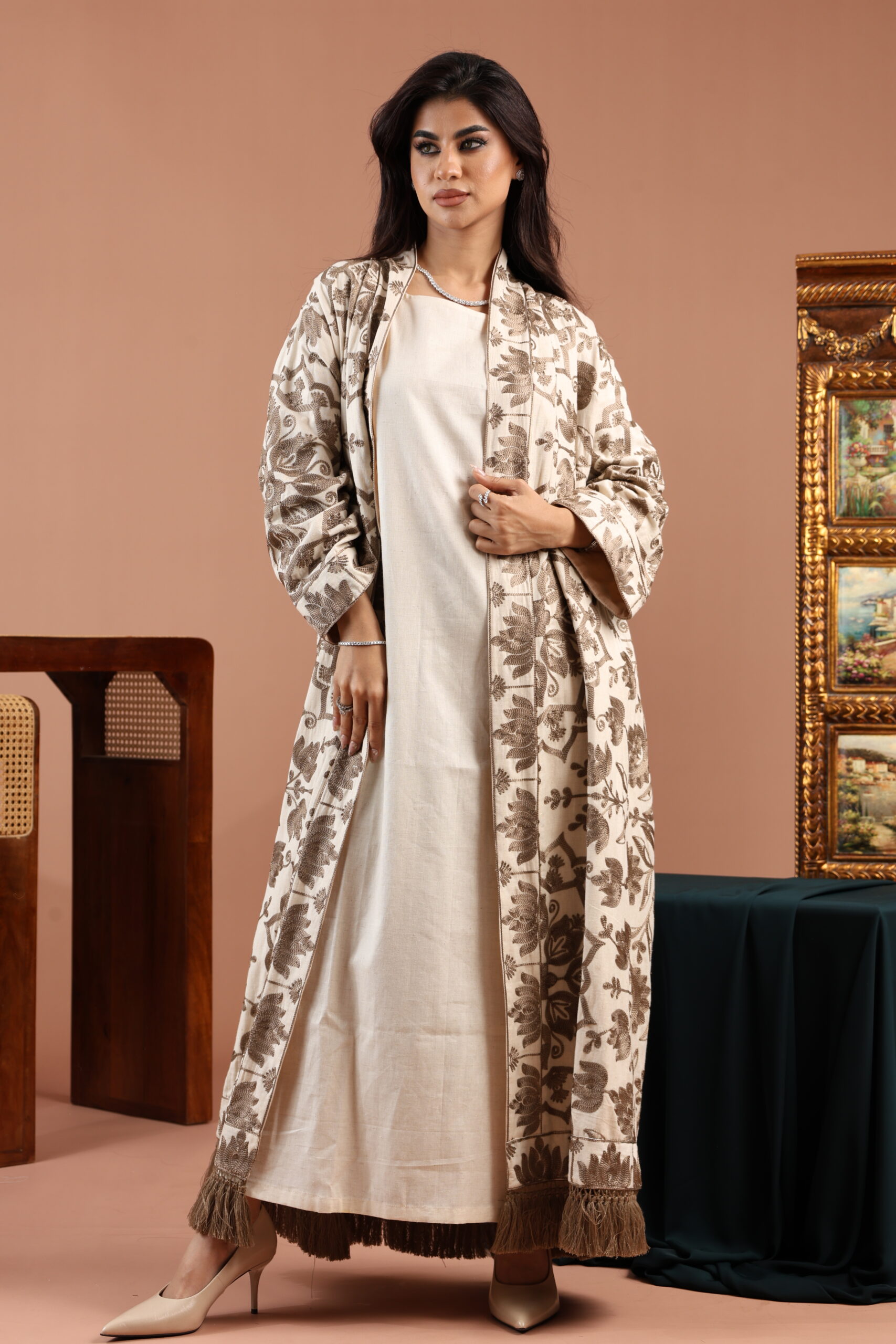 Taupe Embroidered Linen Cardigan Dress - Image 4