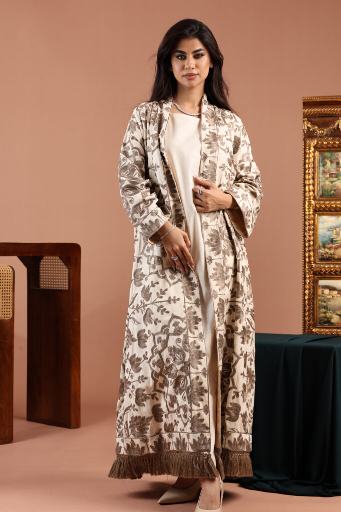 Taupe Embroidered Linen Cardigan Dress